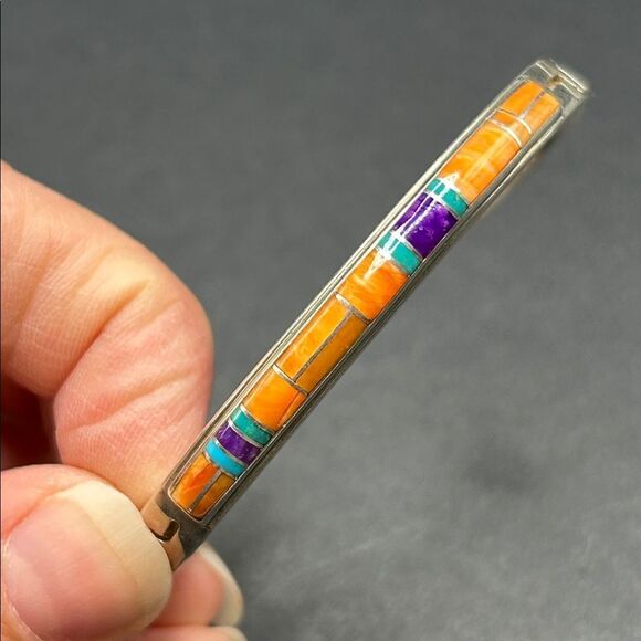 VTG Ivan Kee Gemstone Inlay Engraved Sterling Silver Cuff Bracelet - Picture 7 of 8